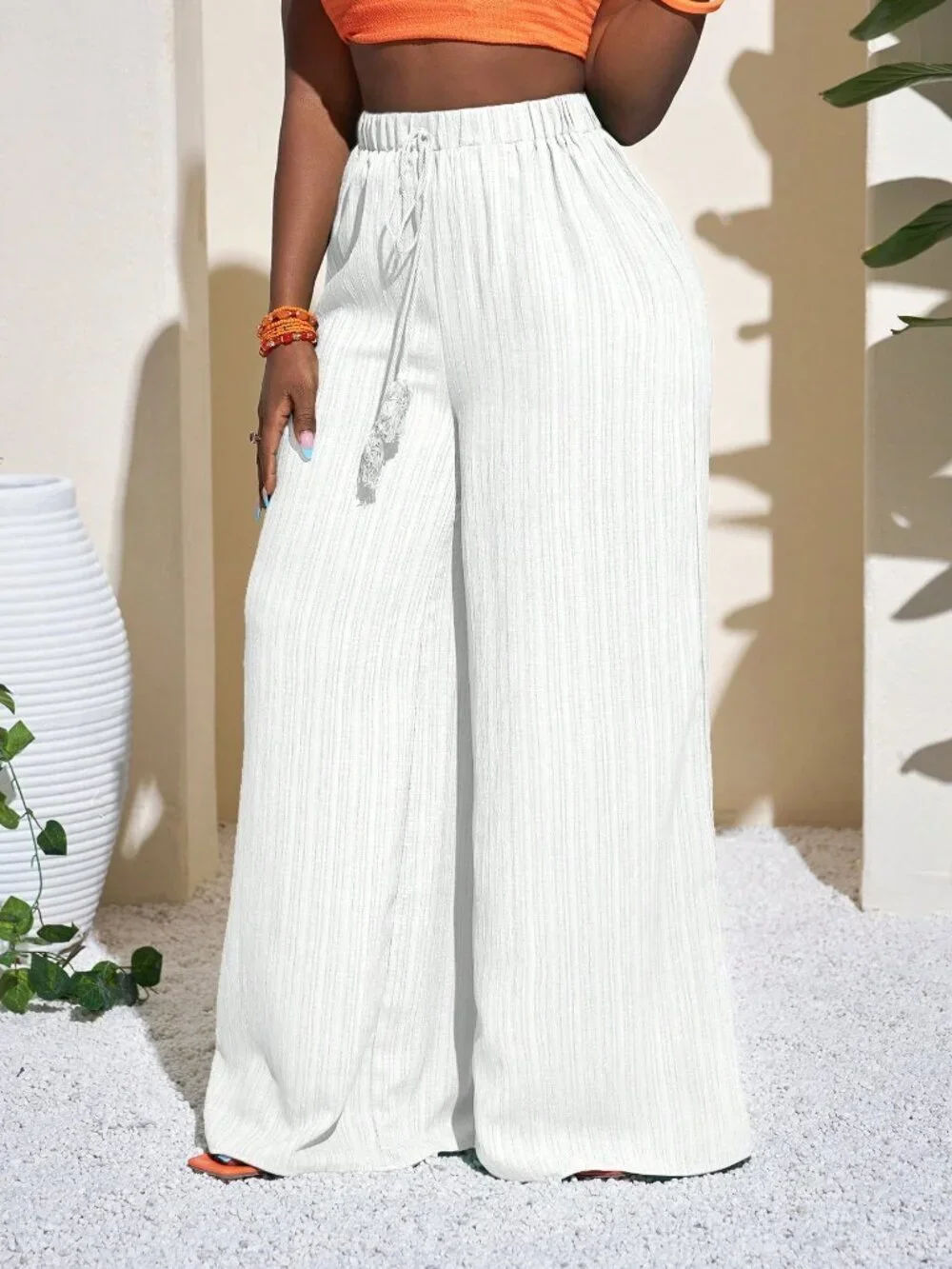 White Casual Women's Music Festival Wide Leg Geometric Pants